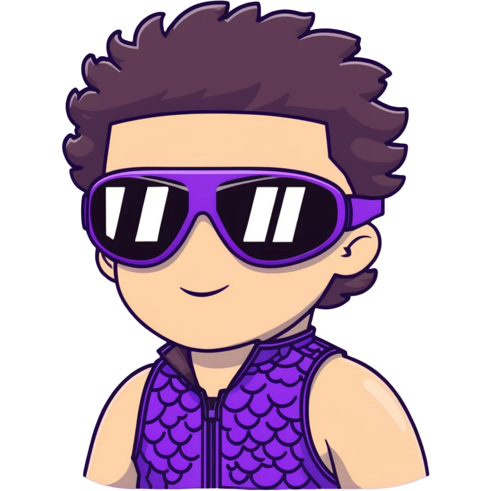 close-up of male athlete with white skin and moderately curly dark brown hair on top with shaved sides, wearing ski goggles with purple frames and very dark black lenses, a simple plain black chain necklace, and a completely unzipped sleeveless vest with purple and black sequin fire pattern design with no logo, frame centered on face and upper chest emoji