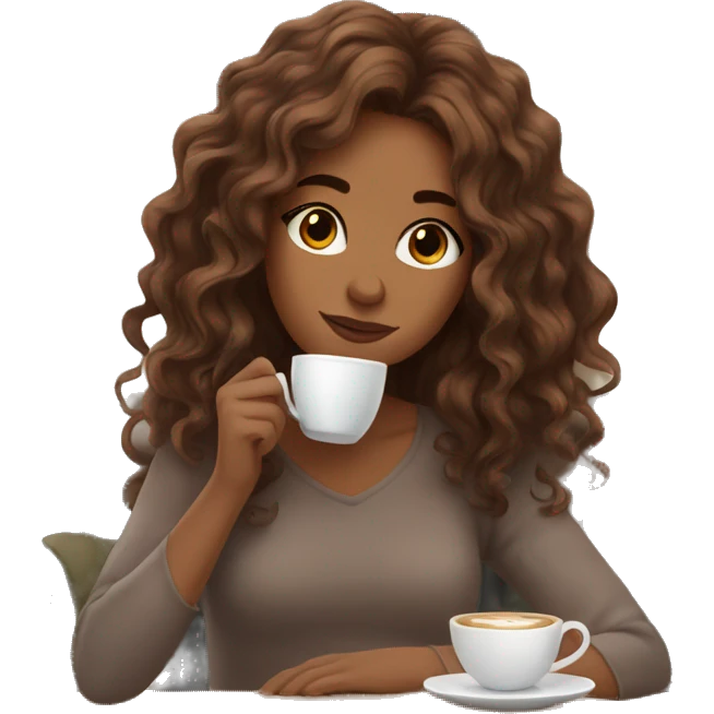 aesthetic girl with brown wavy hair sipping coffee in a cute coffee shop  emoji