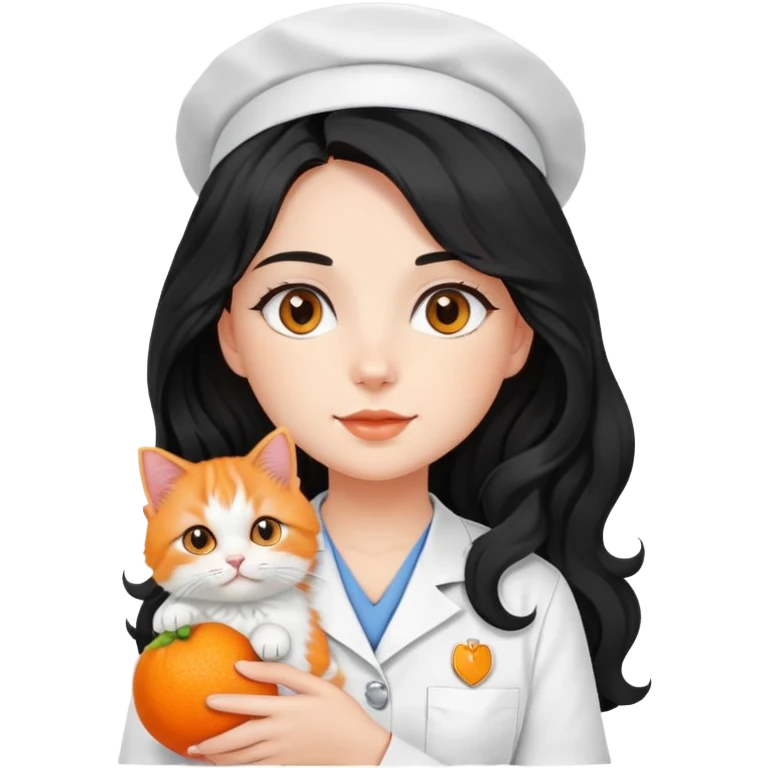 a girl with long black wavy hair in her white nursing uniform holding her orange persian cat emoji