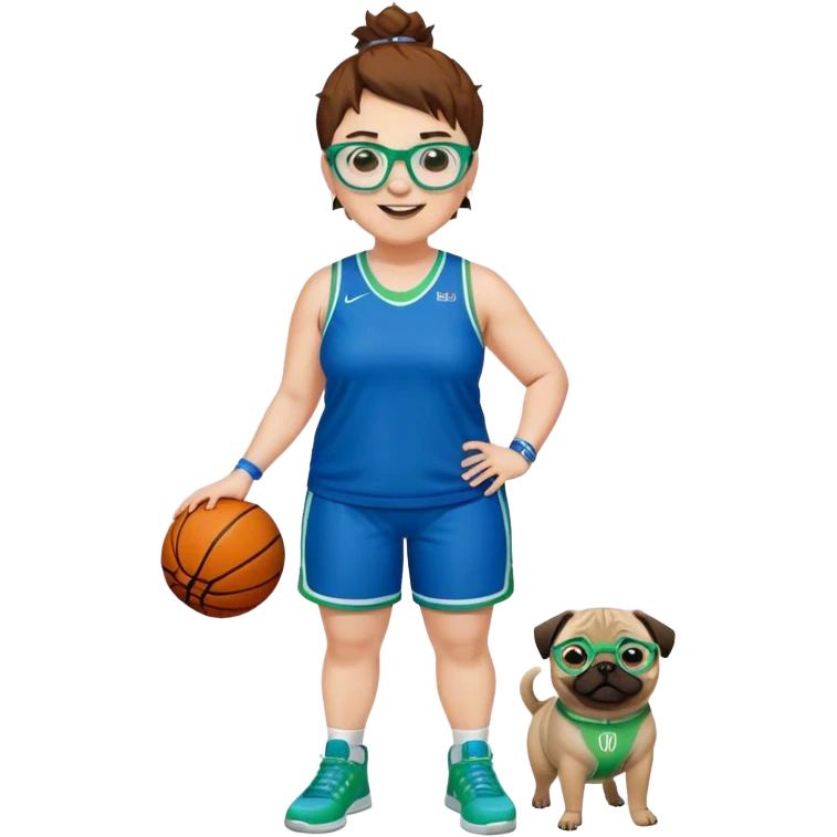 Full Body plus size white female basketball player with short medium brown hair with short spike hair wearing blue glasses 
With a pug wide nose wearing blue green uniform  green sneakers smiling wearing silver hoop earrings emoji