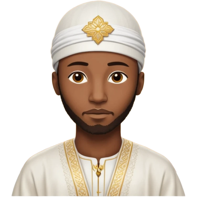 Muslim Black man of West African origin, deep brown skin, dressed in a white bazin riche with embroidery, kufi cap, standing in a warm sunset atmosphere, calm and spiritual look, photo realistic, cinematic lighting, 4K, high detail. emoji