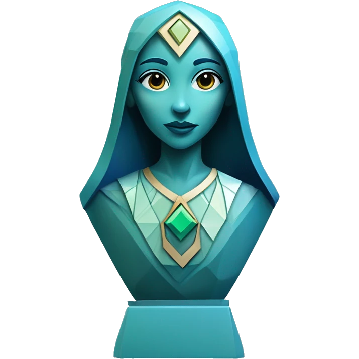 Sculpture oracle priestess with a geometric faceted design with disney features. Oracle of delphi is sparkling and standing upright on a base with angular and flower features. The vibrant blues neutrals and greens highlights the sharp edges and planes.  emoji