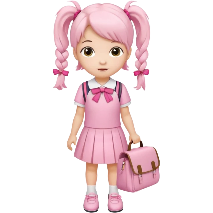 small girl wearing pink student uniform, white dress, white shoes and a bow on her pigtail hair, holding school bag emoji