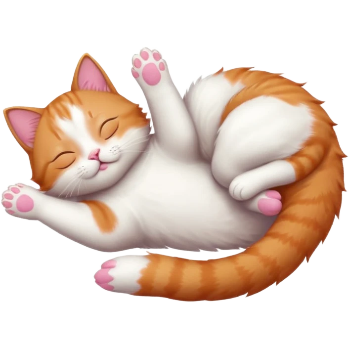 ginger and white small cat eyes closed lying down upside down with paws stretched out straight in different directions emoji