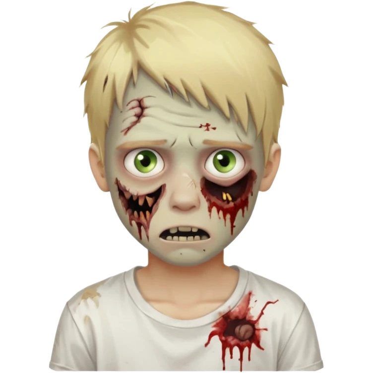create boy blonde hair long messy, light eyes, white t shirt, style zombie emoji