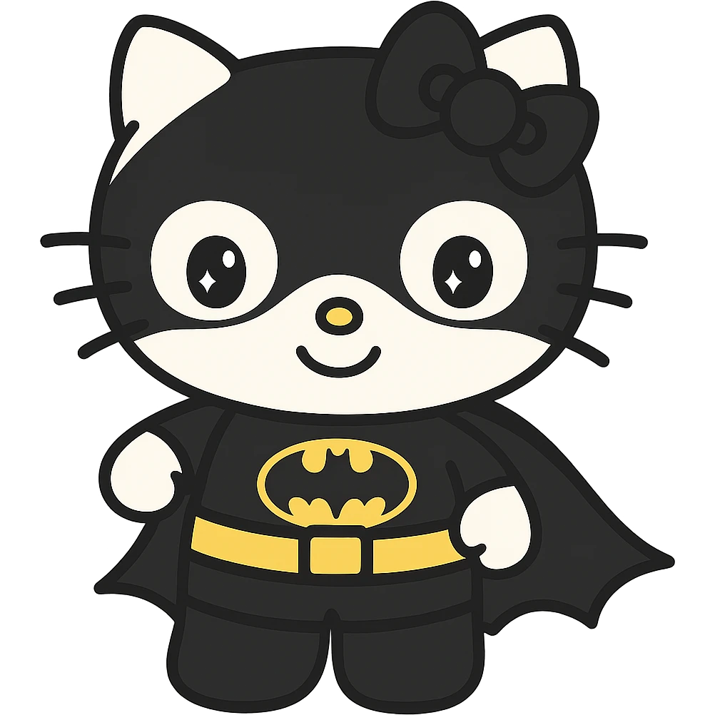 Create an image mixing Batman and Hello Kitty: use Batman's costume and colors, but with Hello Kitty's white skin and facial features. Keep the style cute and kawaii. No background. emoji