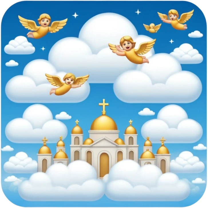 heaven with golden cities, clouds, and angels flying through the sky, emoji style emoji