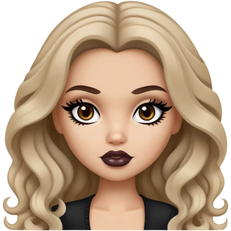 pretty bratz baddie, black eyeliner, medium white skin, dark ash blond wavy long hair, dark brown eyes emoji
