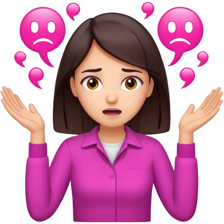 Social media manager. She has dark brown hair, brown eyes,stressed expression, exhaling deeply, hands slightly raised showing frustration. Use vibrant colors with a focus on pink and fuchsia tone emoji