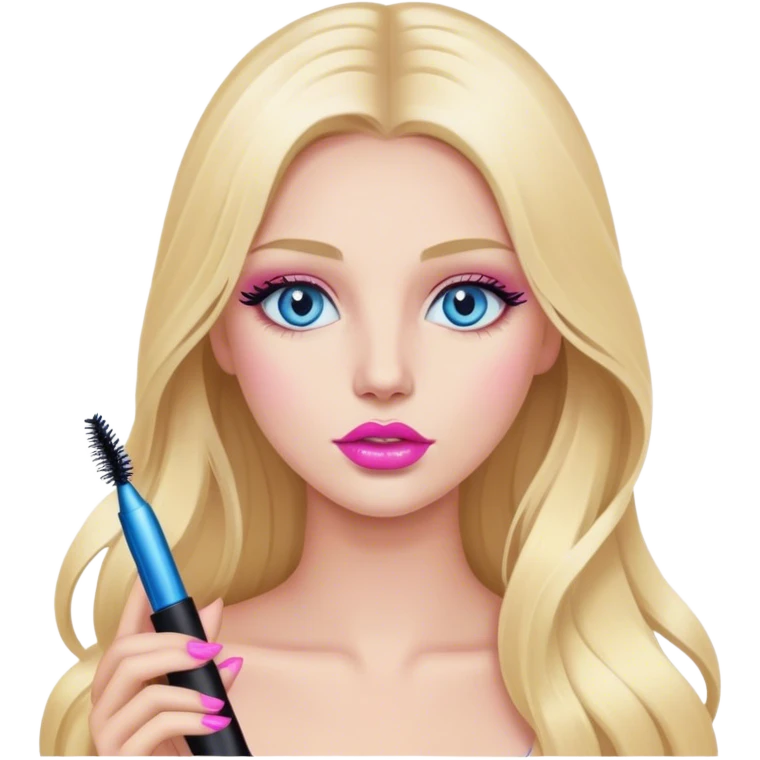 Cinematic realistic blonde with long hair, blue eyes and pink lips with mascara in her hands emoji