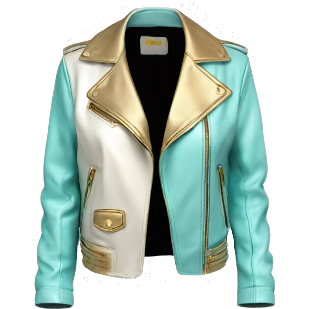 Hyper Realistic side view of an open light tiffany blue,cream and gold ombre feminine fashion leather jacket. emoji