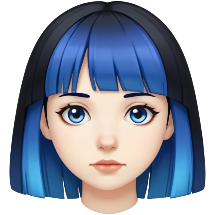 Pale girl with all black hair and bangs, but two strips of blue hair on the side emoji