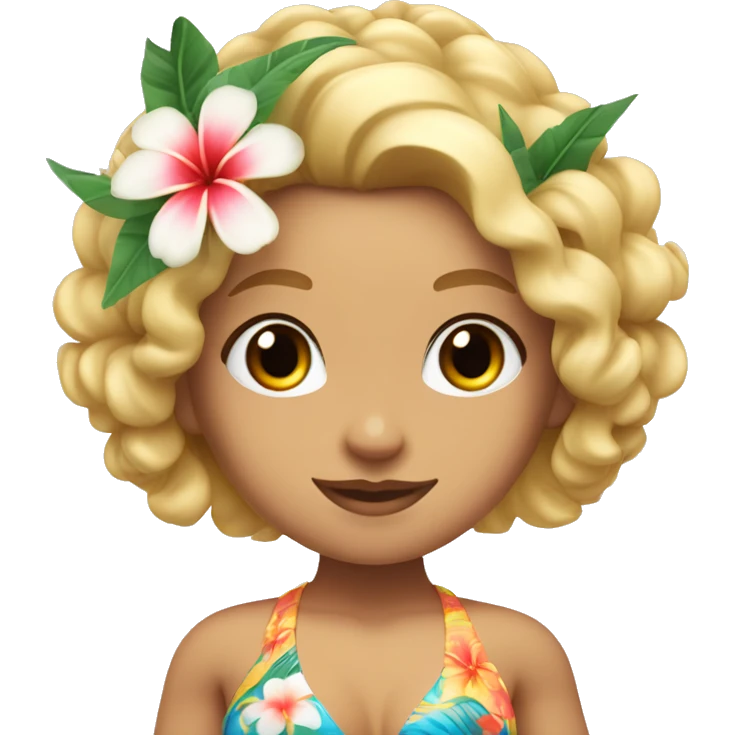 White hula girl with shoulder length blond curly hair, blue eyes, with a tropical bikini top and flowers in her hair emoji