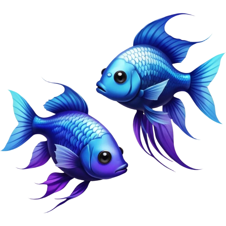 Two beta fishes, one is a white beta fish with a light blue eye, the other is a black beta fish with a purple eye emoji
