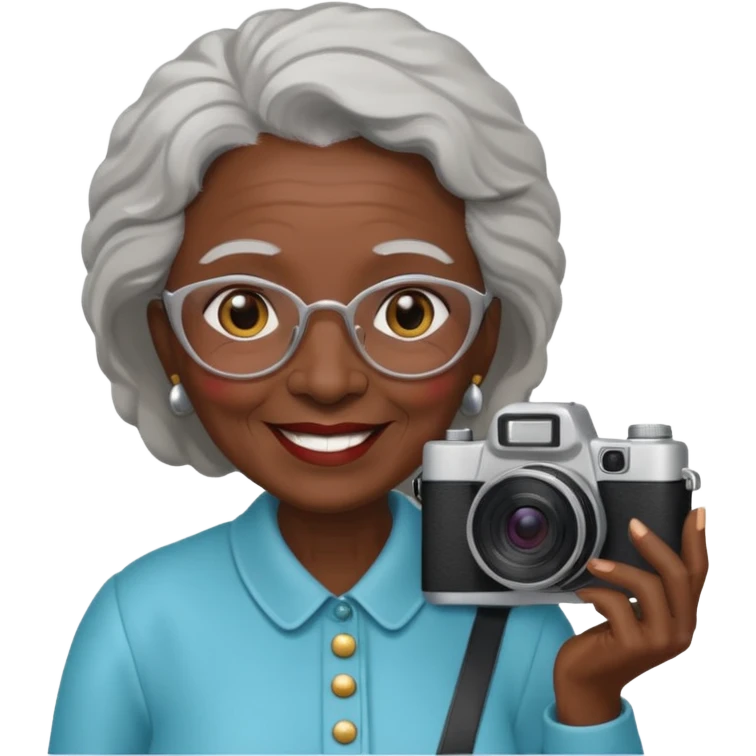 woman cameraman hold a camera, elderly black skin emoji