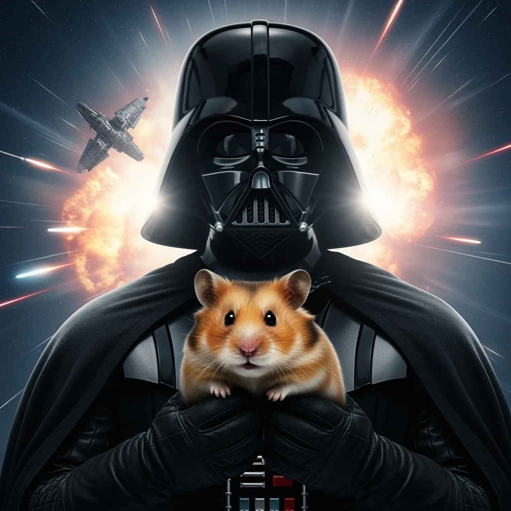 Cinematic still, Extreme Closeup Photo of a darth vader holding big hamster, low key light, explosion startship background with leading lines, back light, spot light emoji