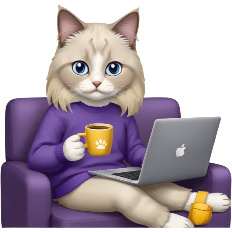 a cute blue eyed brown and white ragdoll cat with white paws and brown and beige tail wearing the dark violet sweater with yellow letteting "Milena" sitting on a grey sofa with grey laptop branded lettering "Lenovo", it` not brand Apple - only Lenovo and drinking coffee emoji