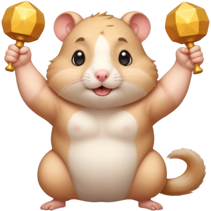 Cute chubby cartoon-style hamster flexing tiny arms like a bodybuilder, sparkles around it, triumphant expression. Painterly shading, white background, sticker-style illustration. emoji