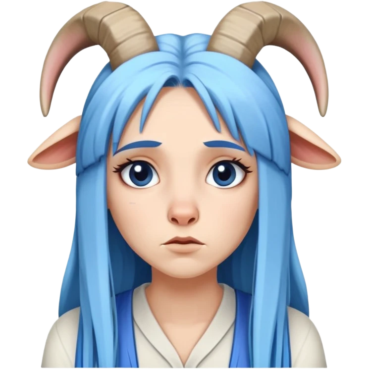 White female-Shameful-gorgeous face-long straight blue hair-dressed as a goat emoji