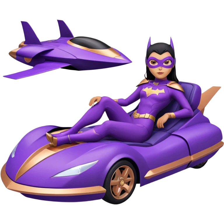 Hot full size real-appearance racing action BatGirl’s Lego feminine midnight-purple tight outfit sixty’s tv show 1992 stealth retro cat burglar sporty petite off-road pursuit hovering hover cruiser car rose gold accents (black hair,reclined and relaxed seating position and attitude) desert emoji