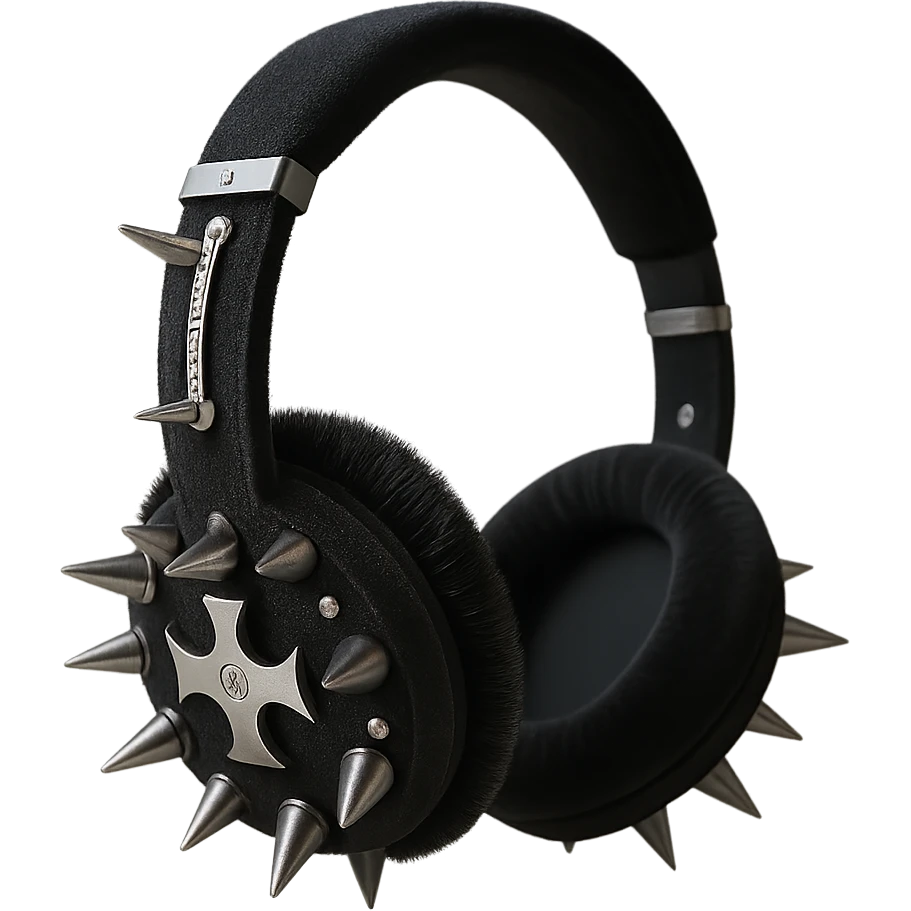 Remove the background, keep only the realistic black gothic headphones with velvet ear cups, silver spikes, and subtle cross motifs, photorealistic style, with no background. emoji