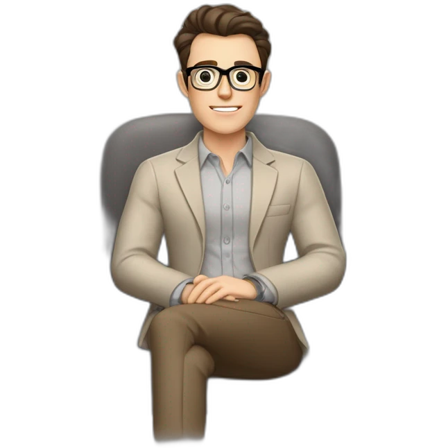 Pale skinned Fit Man With dark brown hair in gray jacket, beige office shirt, Brown pants and vintage glasses sitting In a soft chair with a notebook on spring with emblem Ψ and a pen emoji