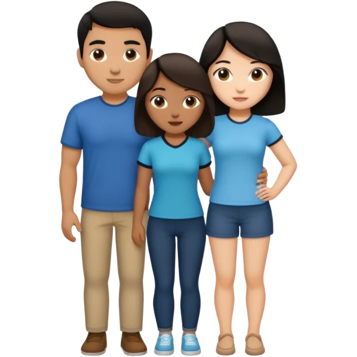 three people, one white girl with brown hair, one hispanic man with dark hair, and one tan asian woman with black hair, as a poly couple emoji emoji