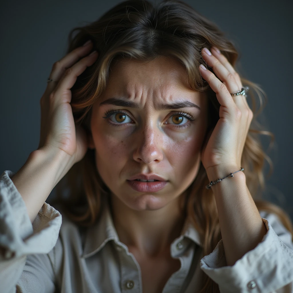 woman with hands in hair, stressed and nervous expression, hyperrealism 4K, variation 11 emoji