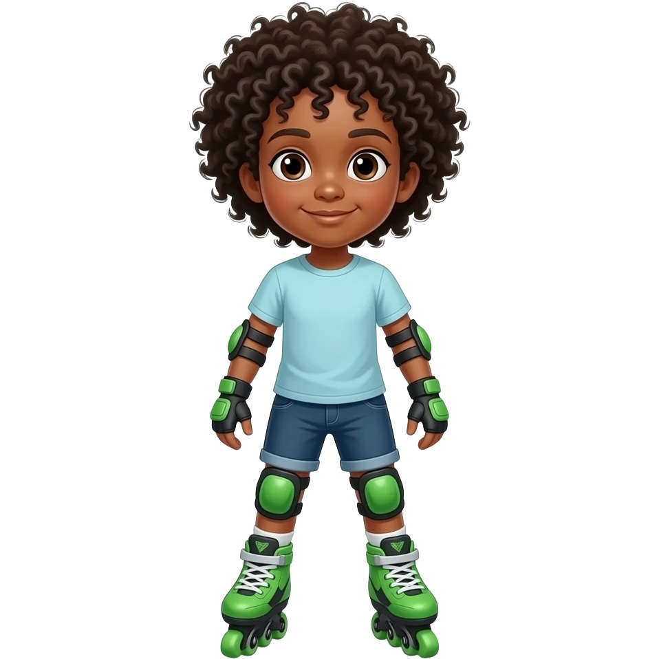 Child black boy curly hair, standing upright, wearing green elbow pads and knee pads, with green  roller skates, ready-to-play expression, front-facing pose. emoji
