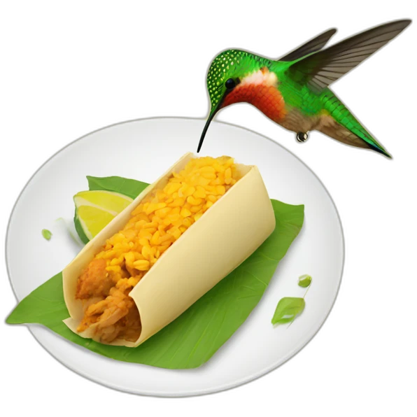 A hummingbird eating a colombian tamal emoji
