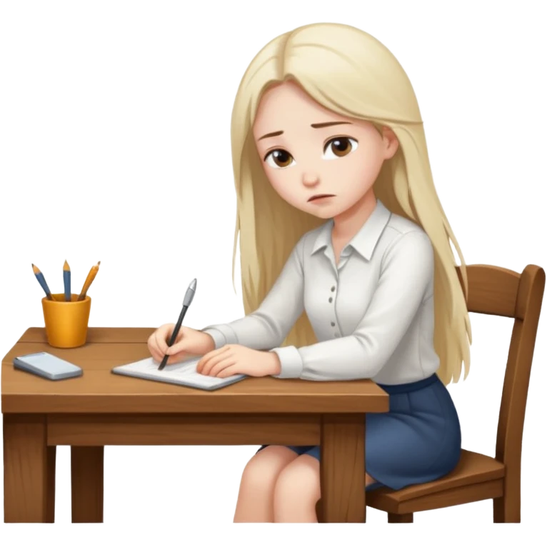 Девушка со светлыми длинными волосами грустная сидит за столом и усердно работает emoji