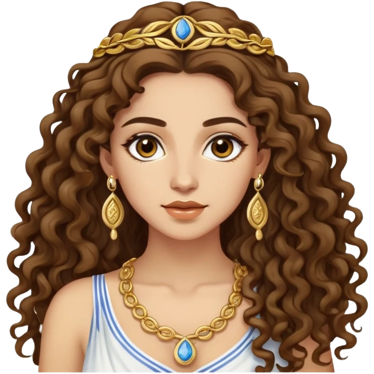 attractive Greek woman with long curly hair and light skin wearing gold Greek jewelry emoji