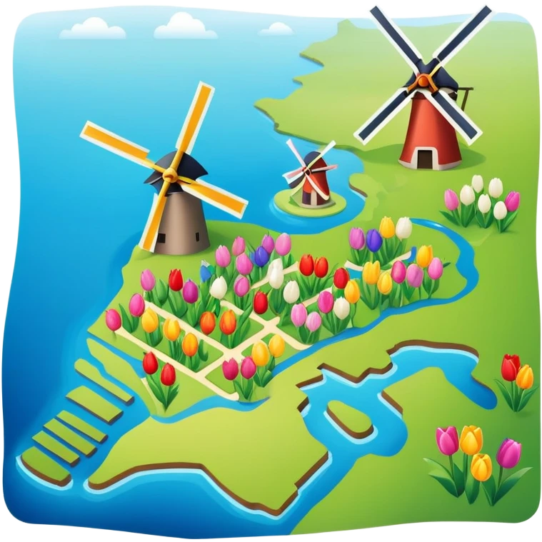 Map of the Netherlands showing canals, tulips, and windmills emoji