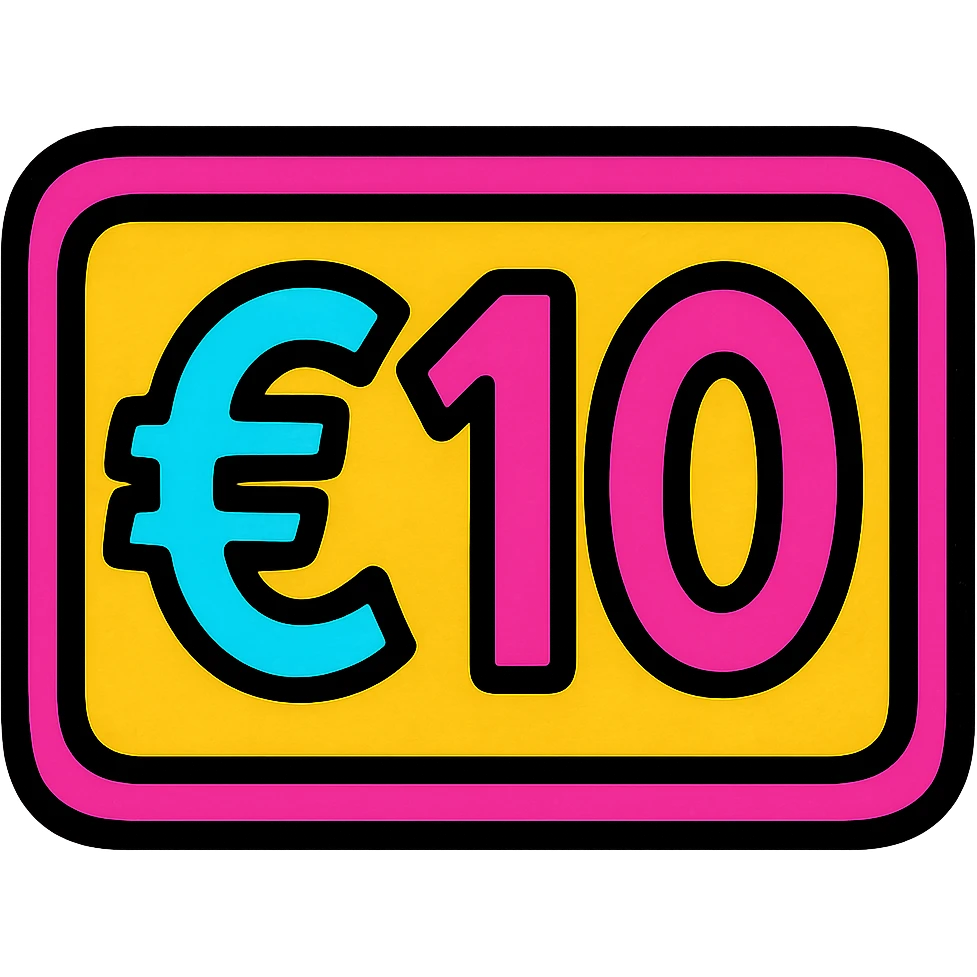 Create a rectangular sticker with rounded corners, no rope, keep the €10 visible, bold and modern style, no background. emoji