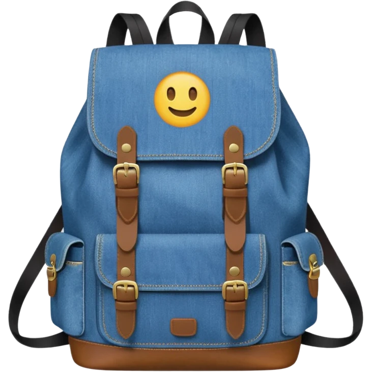 An emoji-style blue denim backpack with a flap top and one small buckle straps attached only on the flap, not connected to the front panel. No front pockets or vertical straps below the flap. Clean and minimal design with two side pockets. 



 emoji