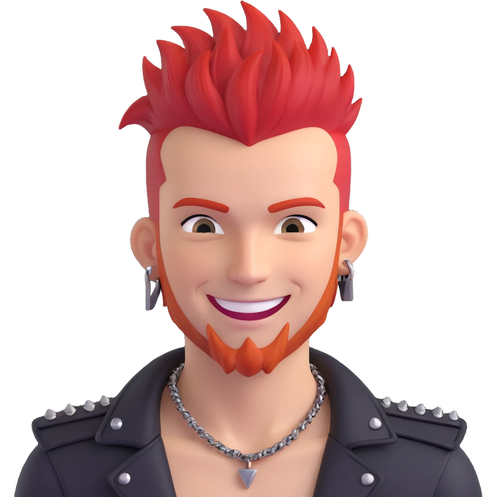 white guy rock singer with red mohawk hair, studded leather necklace, rebellious style, smiling emoji