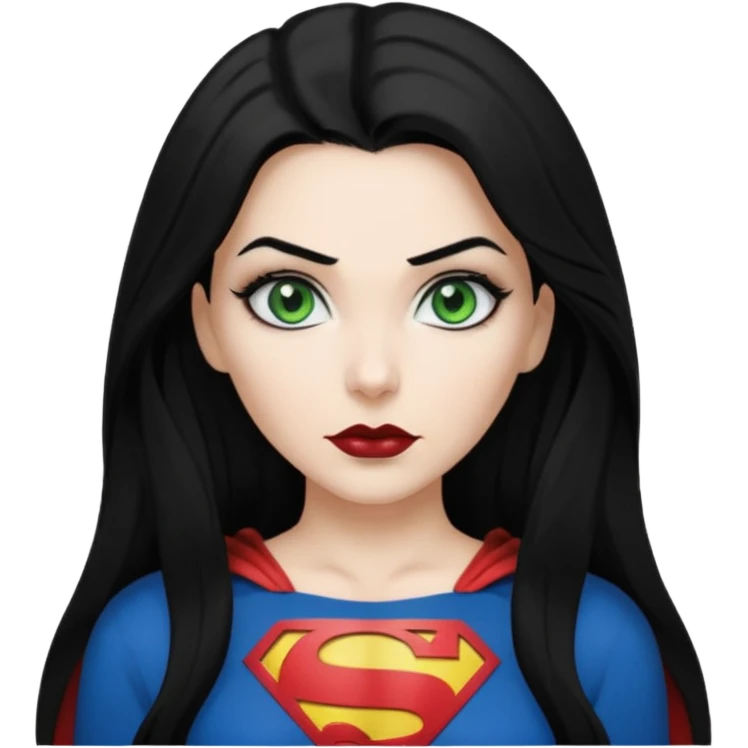 Black haired woman, green eyes, black lipstick, white skin, black t shirt, sharp face, long hair, feminine, Devine, superman logo on t shirt emoji