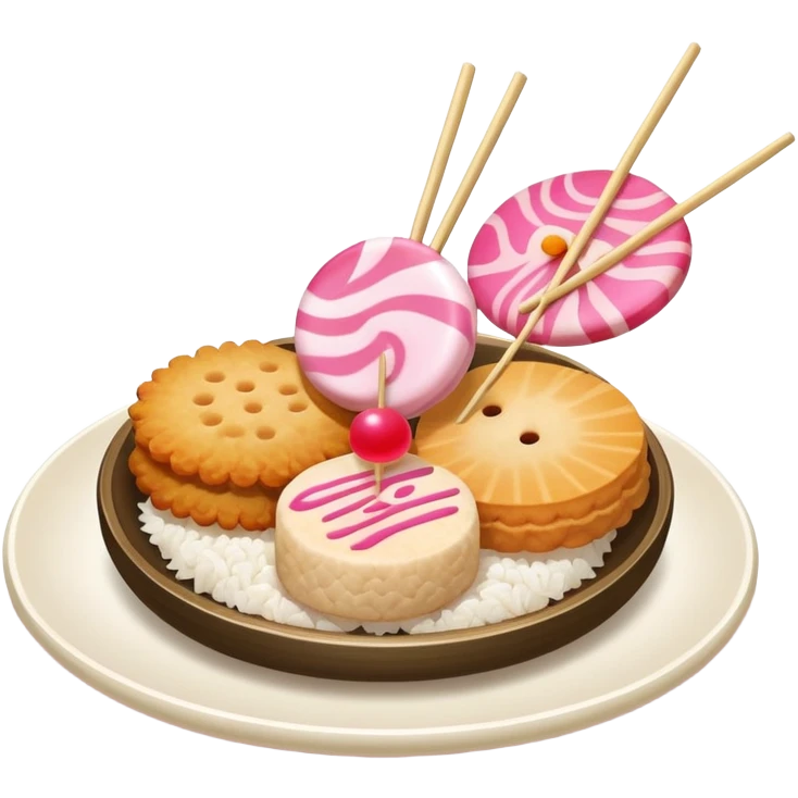A combination of fish cake with pink swirl (narutomaki), rice cracker (senbei), and dango on a stick arranged together as a Japanese food plate emoji