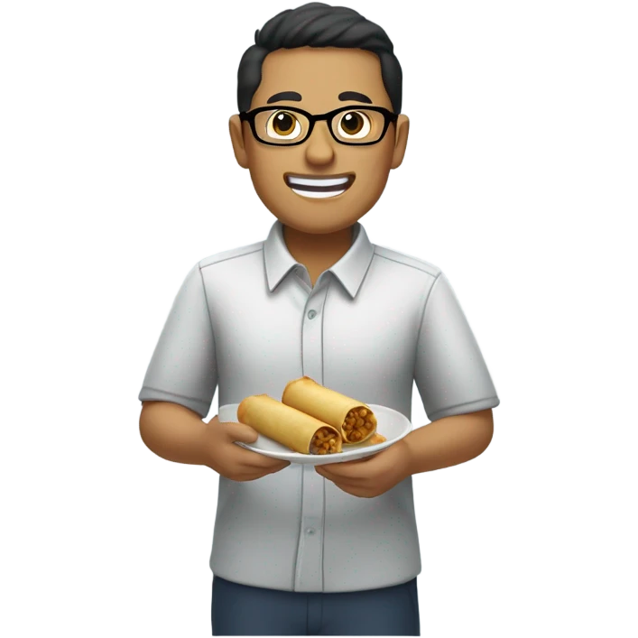 Nerdy short Filipino working at Xfinity eating lumpia emoji