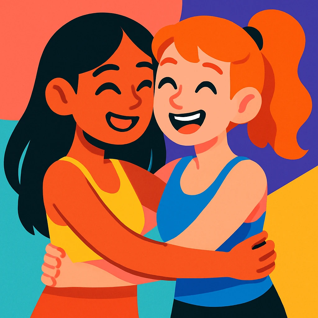 two girls hugging, both wearing tank tops, best friends, happy, modern colorful cartoon style illustration emoji