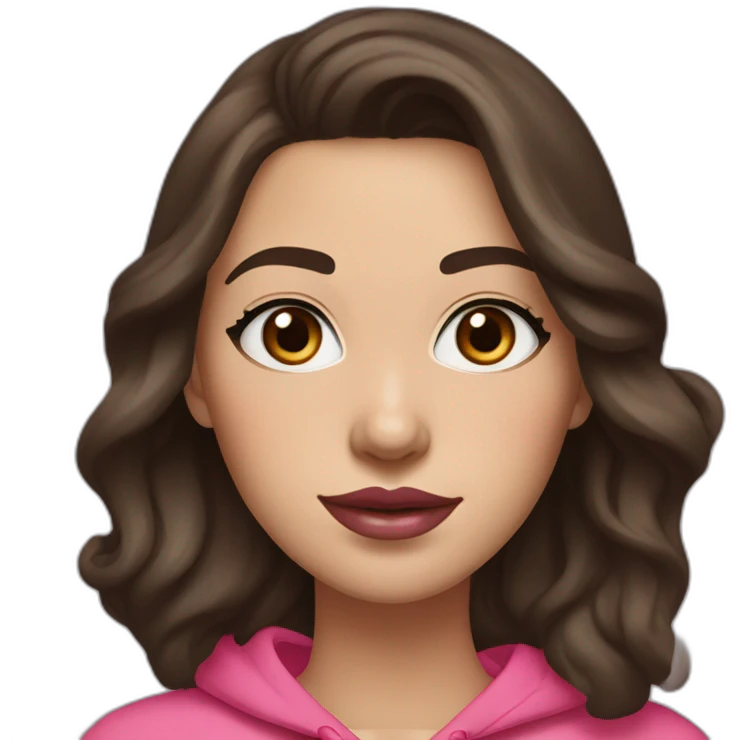 Women with long wavy dark brown hair and long eyelashes blue eyes with pink cheeks and pink lips and thick dark brown eyebrows wearing a hoody emoji