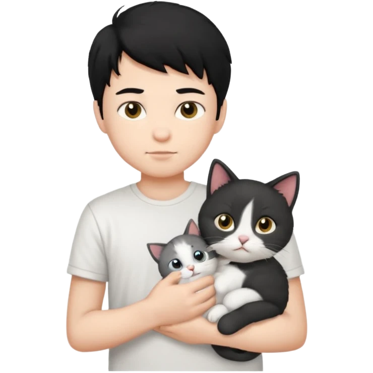 generate a pretty bratz emoji of a boy with black hair wearing a white tshirt and holding a cat emoji