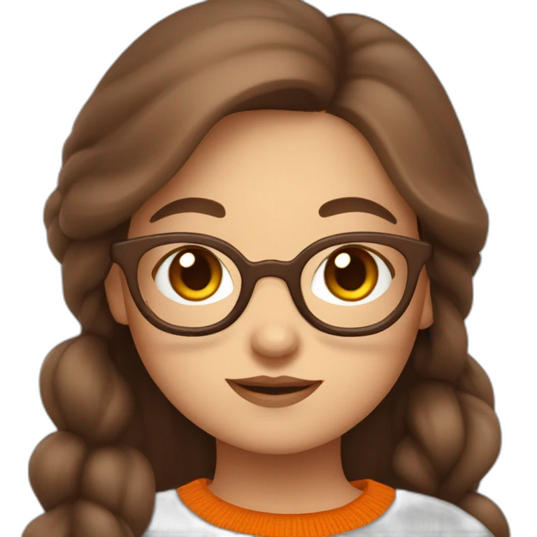 cute chubby girl with light grey glasses with long brown hair waving wearing a dark orange sweater emoji
