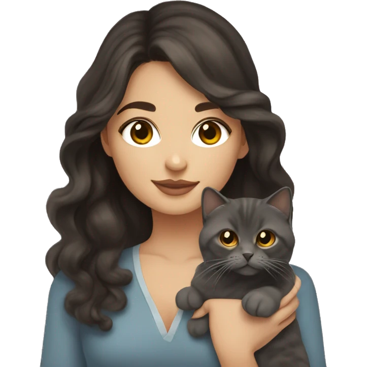 Pretty woman with long blown out dark brown hair and brown eyes holding a dark grey Scottish fold cat with big golden eyes emoji