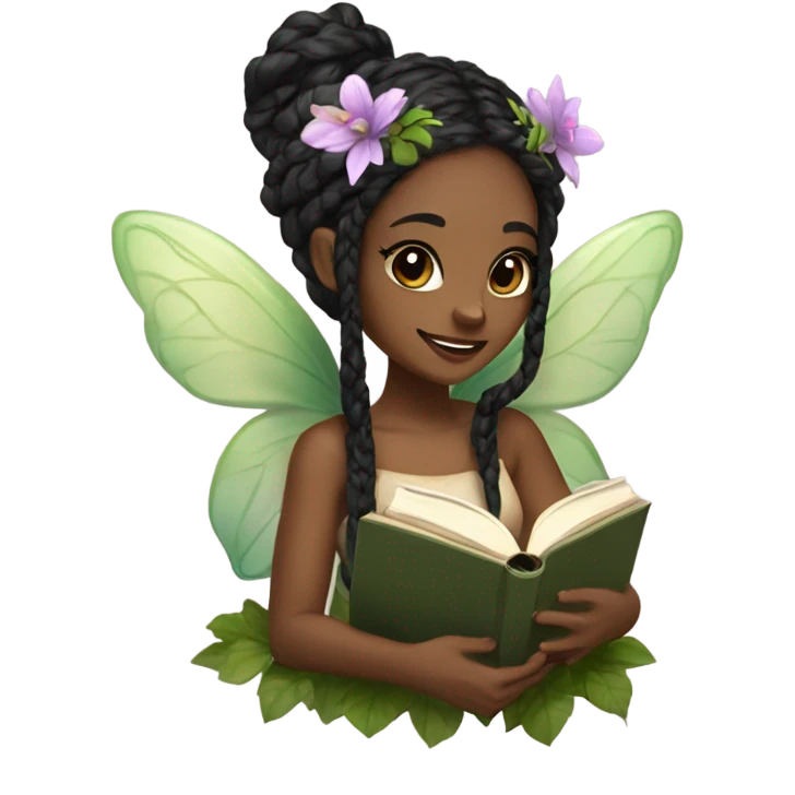 Black female forest fairy, wings, pointed elf ears, long box braid hair, reading, stack of books, vines, flowers emoji