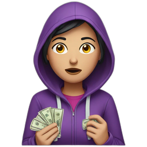 Armenian woman with purple hoodie and unhappy face and lost money emoji