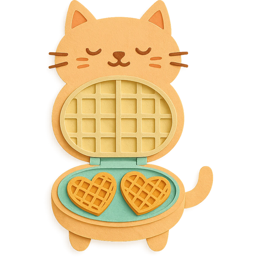 pastel orange waffle maker cat showing heart-shaped waffles, full-body emoji