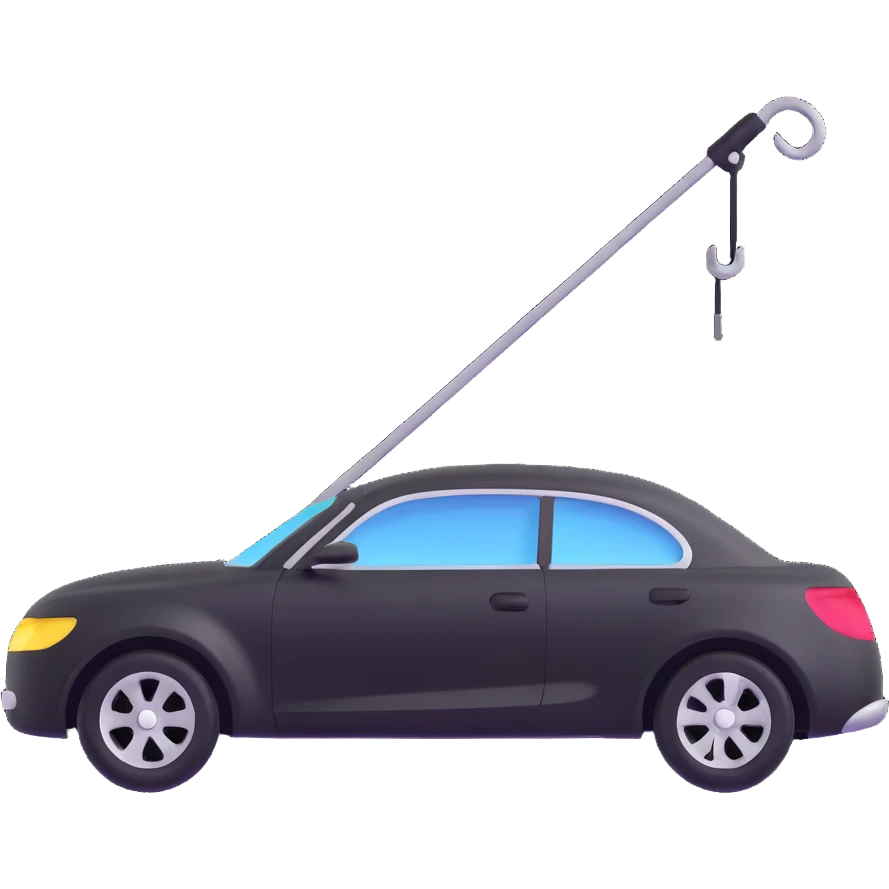 matte black minimalist car icon with fine silver lines for contrast, subtle rod or hook tool clearly touching a visible dent, simple and clean, focus on dent repair emoji