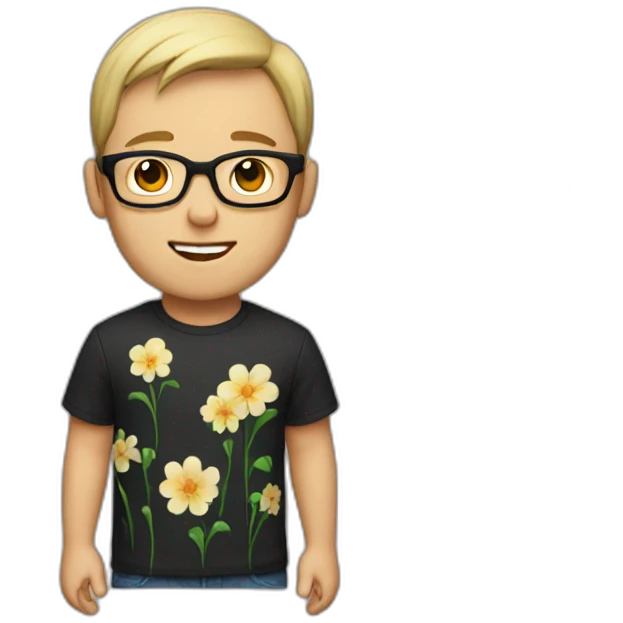 white guy with short hair wearing glasses and dark t-shirt with flowers print emoji