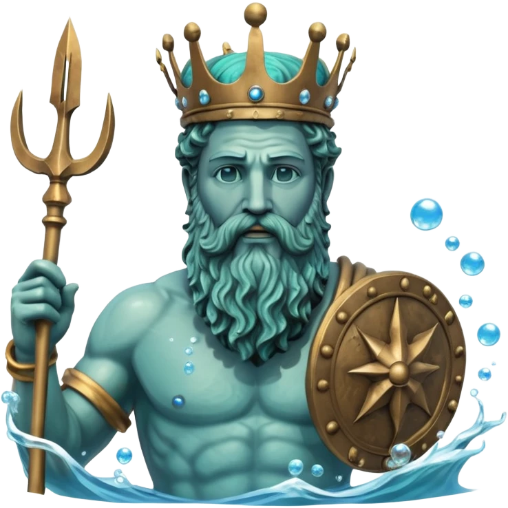 Bust of Poseidon underwater, Greek god with beard and crown, sea god statue with trident, bubbles around, blue water background emoji